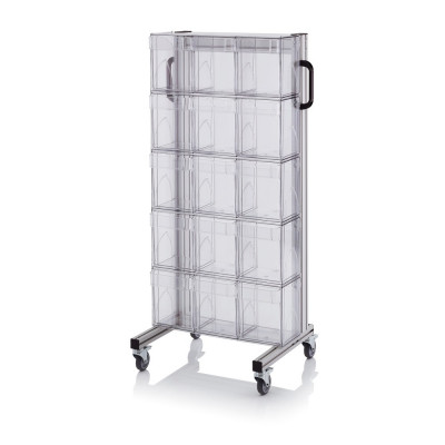 Chariot pour bacs basculants transparents – Dimensions 69 x 45 x 134 cm – Simple face – avec 5 modul