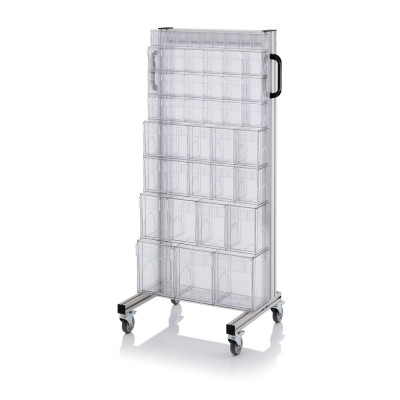 Chariot pour bacs basculants transparents – Dimensions 69 x 45 x 134 cm – Simple face – avec 8 modul
