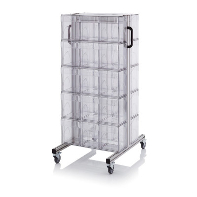 Chariot pour bacs basculants transparents – Dimensions 69 x 68 x 134 cm – Double face – avec 10 modu