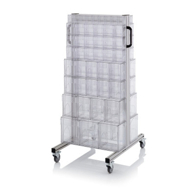 Chariot pour bacs basculants transparents – Dimensions 69 x 68 x 134 cm – Double face – avec 16 modu