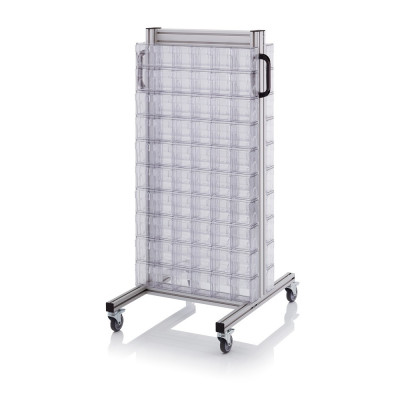 Chariot pour bacs basculants transparents – Dimensions 69 x 68 x 134 cm – Double face – avec 20 modu