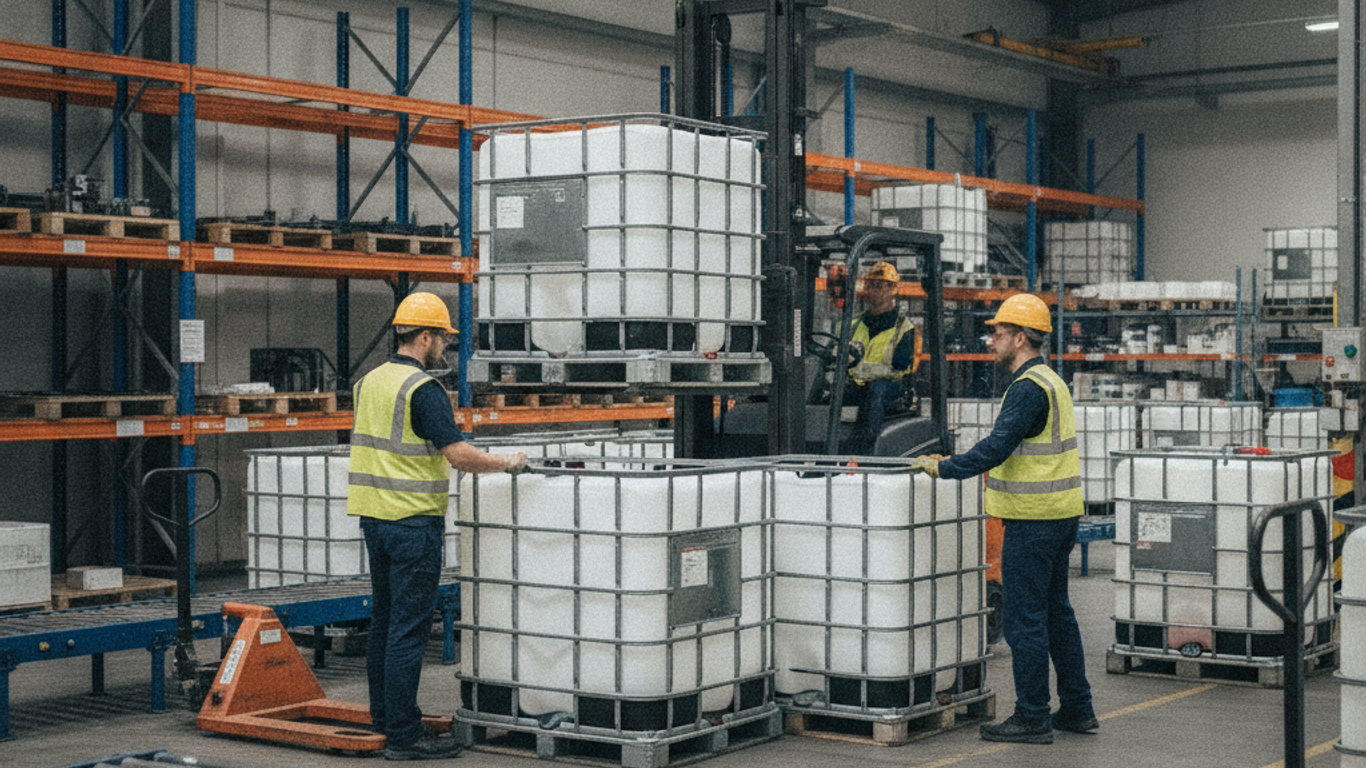 IBC en entrepôt logistique industriel