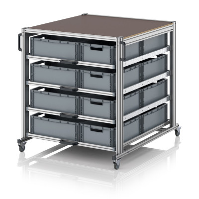 Chariot porte-bac grand format Euro 120x100 – Hauteur 134,6 cm – avec 20 bacs euros et 4 tablettes