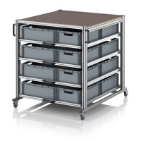 Chariot porte-bac grand format Euro 120x100 – Hauteur 134,6 cm – avec 20 bacs euros et 4 tablettes Chariot porte-bac grand format Euro 120x100 – Hauteur 134,6 cm – avec 20 bacs euros et 4 tablettes
