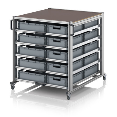 Chariot porte-bac grand format Euro 120x100 – Hauteur 134,6 cm – avec 25 bacs euros et 5 tablettes