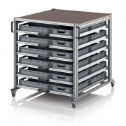 Chariot porte-bac grand format Euro 120x100 – Hauteur 134,6 cm – avec 30 bacs euros et 6 tablettes