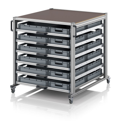 Chariot porte-bac grand format Euro 120x100 – Hauteur 134,6 cm – avec 30 bacs euros et 6 tablettes