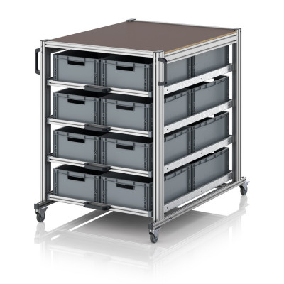 Chariot porte-bac grand format Euro 120x80 – Hauteur 134,6 cm – avec 16 bacs euros et 4 tablettes
