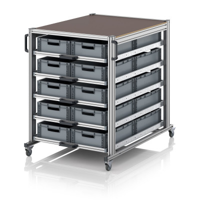 Chariot porte-bac grand format Euro 120x80 – Hauteur 134,6 cm – avec 20 bacs euros et 5 tablettes