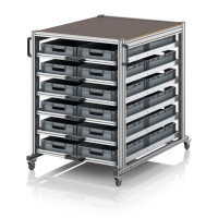 Chariot porte-bac grand format Euro 120x80 – Hauteur 134,6 cm – avec 24 bacs euros et 6 tablettes Chariot porte-bac grand format Euro 120x80 – Hauteur 134,6 cm – avec 24 bacs euros et 6 tablettes