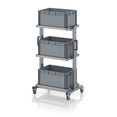 Chariot porte-bacs Euro 60x40 – Hauteur 134,6 cm – avec 3 bacs euros et 3 tablettes