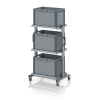 Chariot porte-bacs Euro 60x40 – Hauteur 134,6 cm – avec 3 bacs euros et 3 tablettes Chariot porte-bacs Euro 60x40 – Hauteur 134,6 cm – avec 3 bacs euros et 3 tablettes