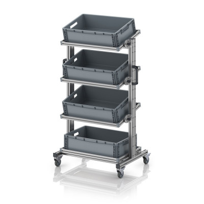 Chariot porte-bacs Euro 60x40 – Hauteur 134,6 cm – avec 4 bacs euros et 4 tablettes inclinées
