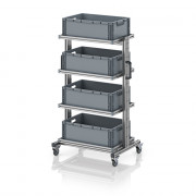 Chariot porte-bacs Euro 60x40 – Hauteur 134,6 cm – avec 4 bacs euros et 4 tablettes