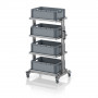 Chariot porte-bacs Euro 60x40 – Hauteur 134,6 cm – avec 4 bacs euros et 4 tablettes