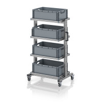 Chariot porte-bacs Euro 60x40 – Hauteur 134,6 cm – avec 4 bacs euros et 4 tablettes Chariot porte-bacs Euro 60x40 – Hauteur 134,6 cm – avec 4 bacs euros et 4 tablettes