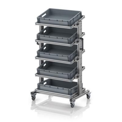 Chariot porte-bacs Euro 60x40 – Hauteur 134,6 cm – avec 5 bacs euros et 5 tablettes inclinées