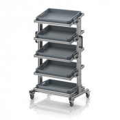 Chariot porte-bacs Euro 60x40 – Hauteur 134,6 cm – avec 5 bacs euros et 5 tablettes inclinées