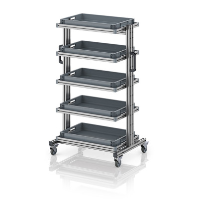Chariot porte-bacs Euro 60x40 – Hauteur 134,6 cm – avec 5 bacs euros et 5 tablettes