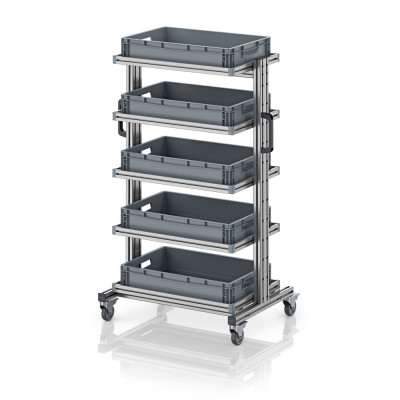 Chariot porte-bacs Euro 60x40 – Hauteur 134,6 cm – avec 5 bacs euros et 5 tablettes