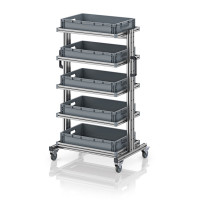 Chariot porte-bacs Euro 60x40 – Hauteur 134,6 cm – avec 5 bacs euros et 5 tablettes Chariot porte-bacs Euro 60x40 – Hauteur 134,6 cm – avec 5 bacs euros et 5 tablettes