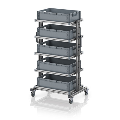 Chariot porte-bacs Euro 60x40 – Hauteur 134,6 cm – avec 5 bacs euros et 5 tablettes