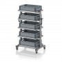 Chariot porte-bacs Euro 60x40 – Hauteur 134,6 cm – avec 5 bacs euros et 5 tablettes