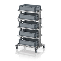 Chariot porte-bacs Euro 60x40 – Hauteur 134,6 cm – avec 5 bacs euros et 5 tablettes Chariot porte-bacs Euro 60x40 – Hauteur 134,6 cm – avec 5 bacs euros et 5 tablettes
