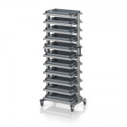 Chariot porte-bacs Euro 60x40 – Hauteur 201,1 cm – avec 11 bacs euros et 11 tablettes