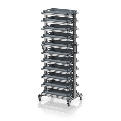 Chariot porte-bacs Euro 60x40 – Hauteur 201,1 cm – avec 11 bacs euros et 11 tablettes