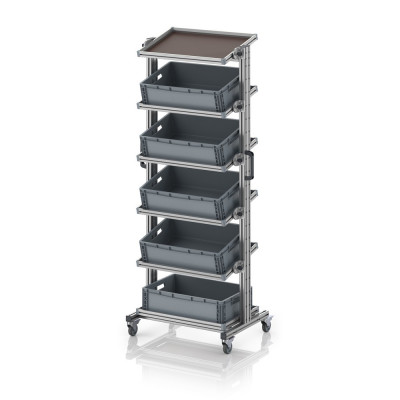 Chariot porte-bacs Euro 60x40 – Hauteur 201,1 cm – avec 5 bacs euros et 6 tablettes inclinées