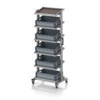 Chariot porte-bacs Euro 60x40 – Hauteur 201,1 cm – avec 5 bacs euros et 6 tablettes inclinées Chariot porte-bacs Euro 60x40 – Hauteur 201,1 cm – avec 5 bacs euros et 6 tablettes inclinées