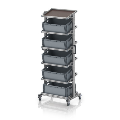 Chariot porte-bacs Euro 60x40 – Hauteur 201,1 cm – avec 5 bacs euros et 6 tablettes inclinées
