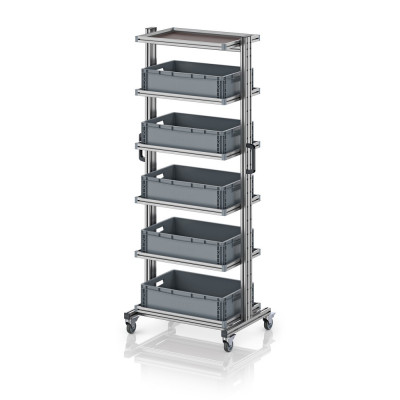 Chariot porte-bacs Euro 60x40 – Hauteur 201,1 cm – avec 5 bacs euros et 6 tablettes