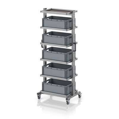 Chariot porte-bacs Euro 60x40 – Hauteur 201,1 cm – avec 5 bacs euros et 6 tablettes
