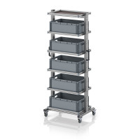 Chariot porte-bacs Euro 60x40 – Hauteur 201,1 cm – avec 5 bacs euros et 6 tablettes Chariot porte-bacs Euro 60x40 – Hauteur 201,1 cm – avec 5 bacs euros et 6 tablettes