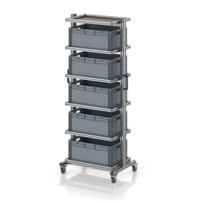 Chariot porte-bacs Euro 60x40 – Hauteur 201,1 cm – avec 5 bacs euros et 6 tablettes