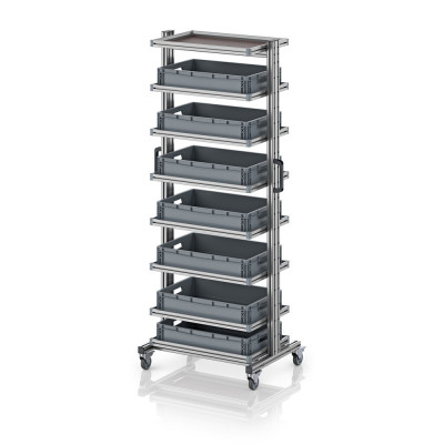 Chariot porte-bacs Euro 60x40 – Hauteur 201,1 cm – avec 7 bacs euros et 8 tablettes