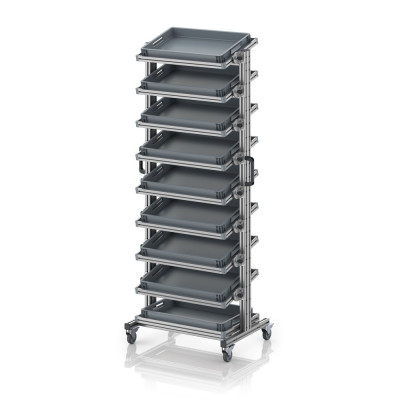 Chariot porte-bacs Euro 60x40 – Hauteur 201,1 cm – avec 9 bacs euros et 9 tablettes inclinées