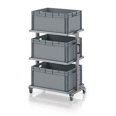 Chariot porte-bacs Euro 80x60 – Hauteur 134,6 cm – avec 3 bacs euros et 3 tablettes