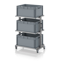 Chariot porte-bacs Euro 80x60 – Hauteur 134,6 cm – avec 3 bacs euros et 3 tablettes Chariot porte-bacs Euro 80x60 – Hauteur 134,6 cm – avec 3 bacs euros et 3 tablettes