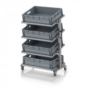 Chariot porte-bacs Euro 80x60 – Hauteur 134,6 cm – avec 4 bacs euros et 4 tablettes inclinées