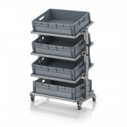 Chariot porte-bacs Euro 80x60 – Hauteur 134,6 cm – avec 4 bacs euros et 4 tablettes inclinées