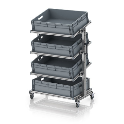 Chariot porte-bacs Euro 80x60 – Hauteur 134,6 cm – avec 4 bacs euros et 4 tablettes inclinées