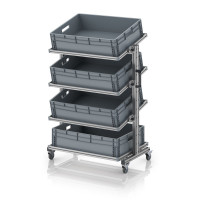 Chariot porte-bacs Euro 80x60 – Hauteur 134,6 cm – avec 4 bacs euros et 4 tablettes inclinées