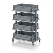 Chariot porte-bacs Euro 80x60 – Hauteur 134,6 cm – avec 4 bacs euros et 4 tablettes
