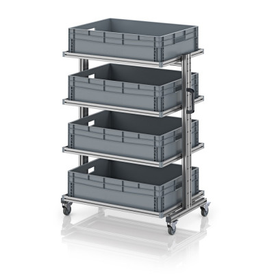 Chariot porte-bacs Euro 80x60 – Hauteur 134,6 cm – avec 4 bacs euros et 4 tablettes