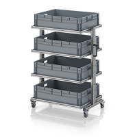 Chariot porte-bacs Euro 80x60 – Hauteur 134,6 cm – avec 4 bacs euros et 4 tablettes