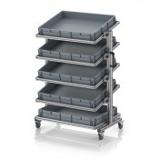Chariot porte-bacs Euro 80x60 – Hauteur 134,6 cm – avec 5 bacs euros et 5 tablettes inclinées