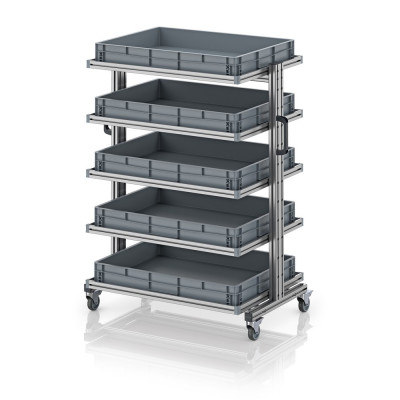 Chariot porte-bacs Euro 80x60 – Hauteur 134,6 cm – avec 5 bacs euros et 5 tablettes